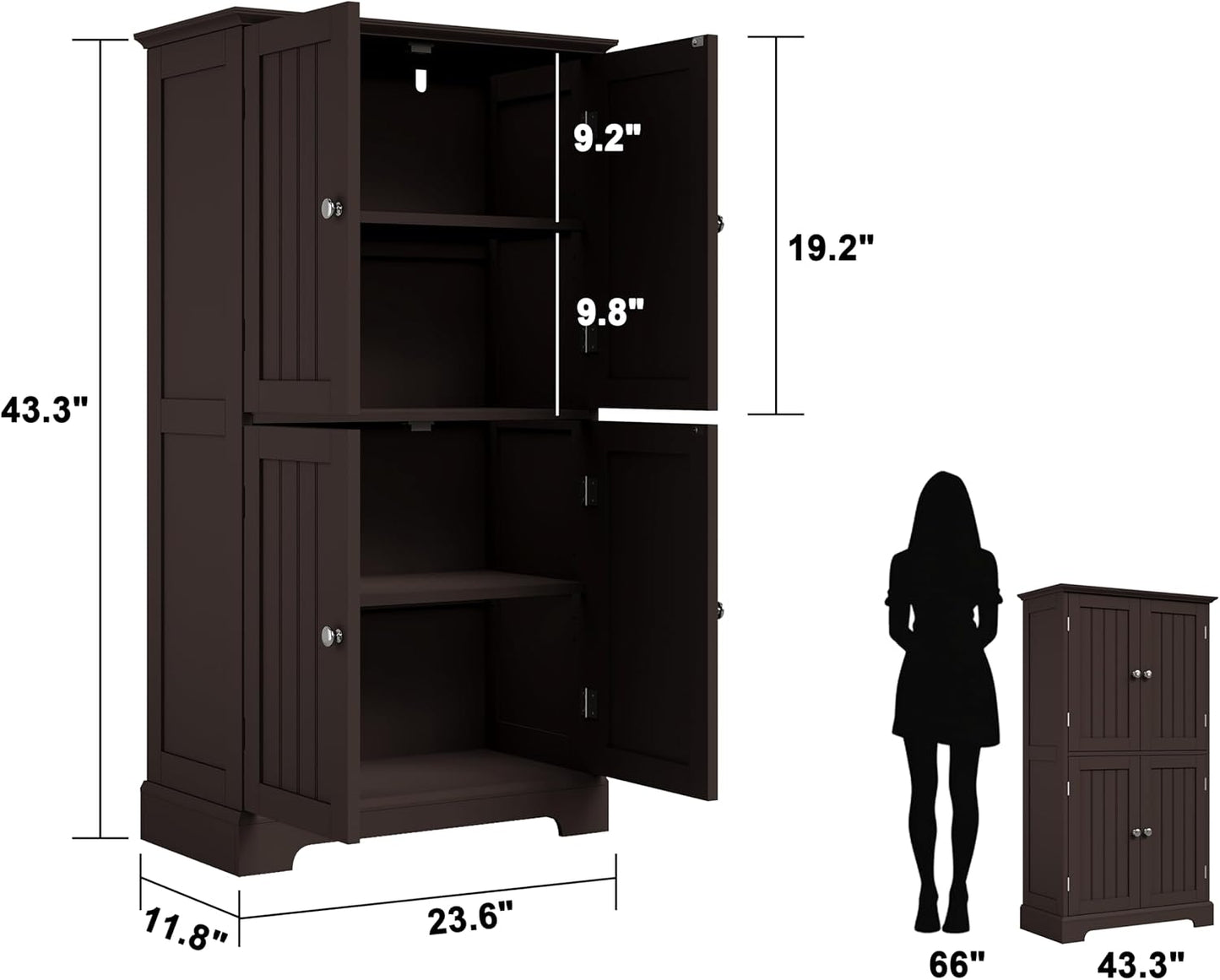 ChooChoo Bathroom Floor Cabinet, Modern Bathroom Storage Cabinet with 4 Doors and Adjustable Shelves, Freestanding Cupboard for Living Room, Espresso