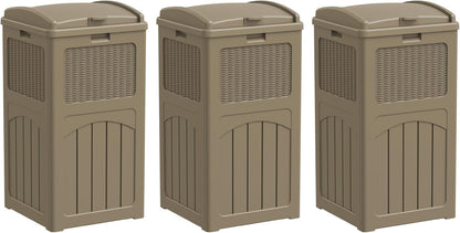 Greesum 33 Gallon Resin Outdoor Trash Can with Lid, Waterproof Resin Garbage Bin for Hideaway, Patio, Deck, 3 Pack, Light Brown