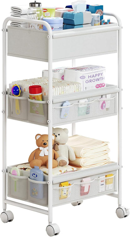 3-Tier Baby Diaper Caddy Cart Organizer,Mobile Nursery Organization with Wheels,with 2 Dividers & 14 Mesh Pockets Durable Metal Utility Cart for Nursery, Bedroom, Bathroom Essentials Organization