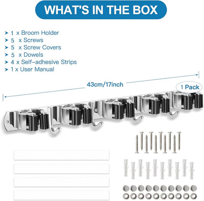 IMILLET Broom Holder Wall Mounted, Stainless Steel Broom Mop Holder Self Adhesive Heavy Duty Hooks Storage Organizer for Home Laundry Room Garden Garage Closet Kitchen 1 Pack（5 Racks with 4 Hooks）