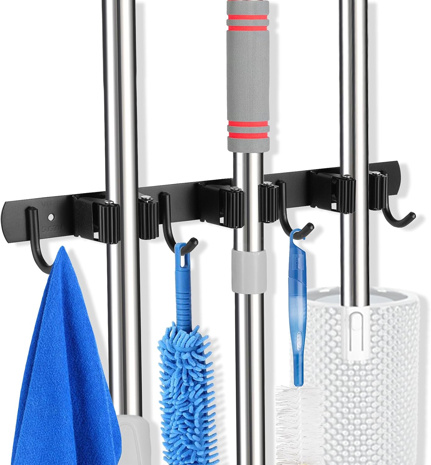 voze 3 Racks and 4 Hooks Mop and Broom Holder Wall Mount, Self Adhesive Heavy Duty Broom Organizer Storage Tool Racks for Kitchen Garden Laundry Garage