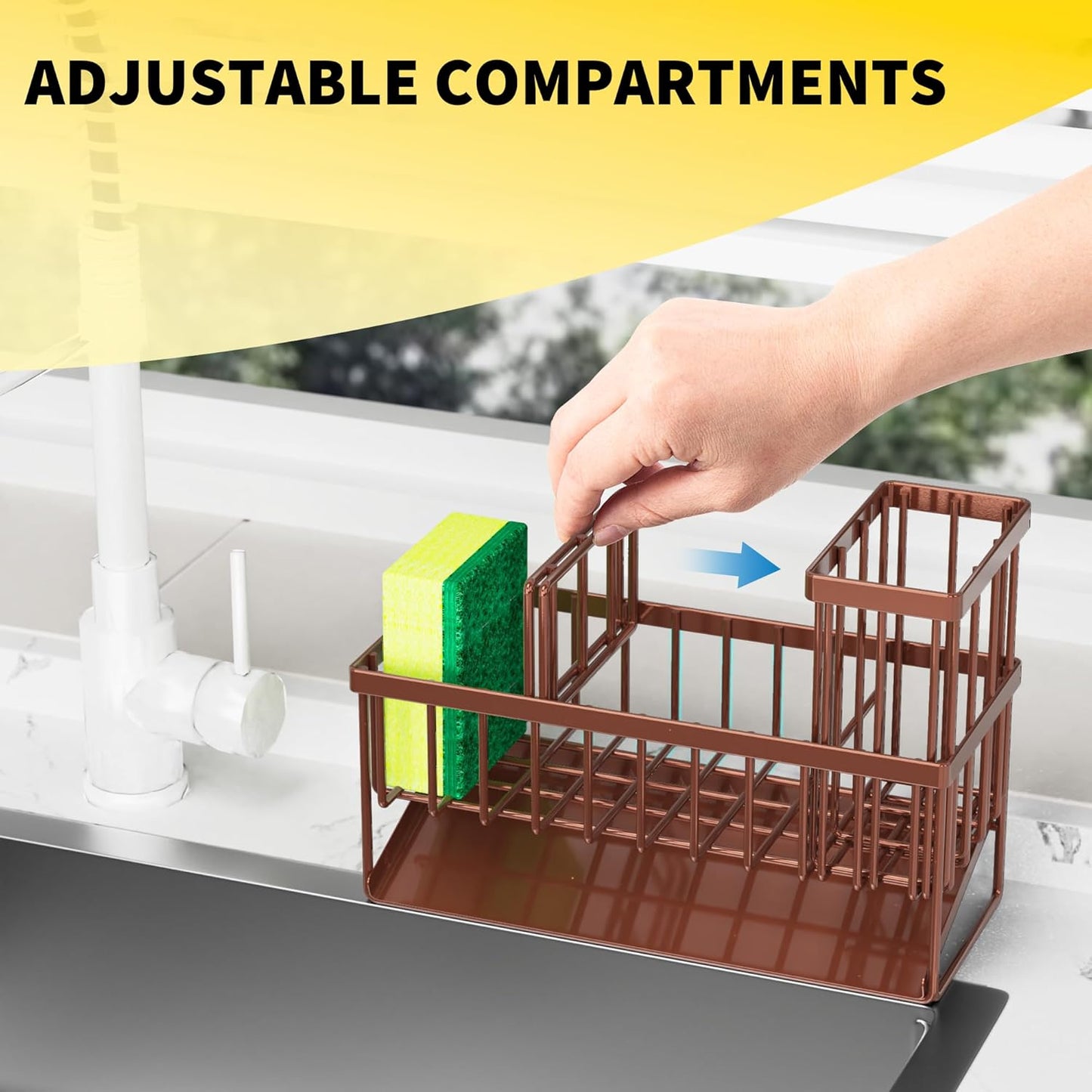 Cisily Kitchen Sink Caddy, Sponge Holder for Kitchen Sink, Kitchen Sink Organzier and Storage with High Brush Holder, Rustproof 304 Stainless Kitchen Gadgets Sink Accessories(Brown)