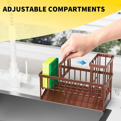 Cisily Kitchen Sink Caddy, Sponge Holder for Kitchen Sink, Kitchen Sink Organzier and Storage with High Brush Holder, Rustproof 304 Stainless Kitchen Gadgets Sink Accessories(Brown)