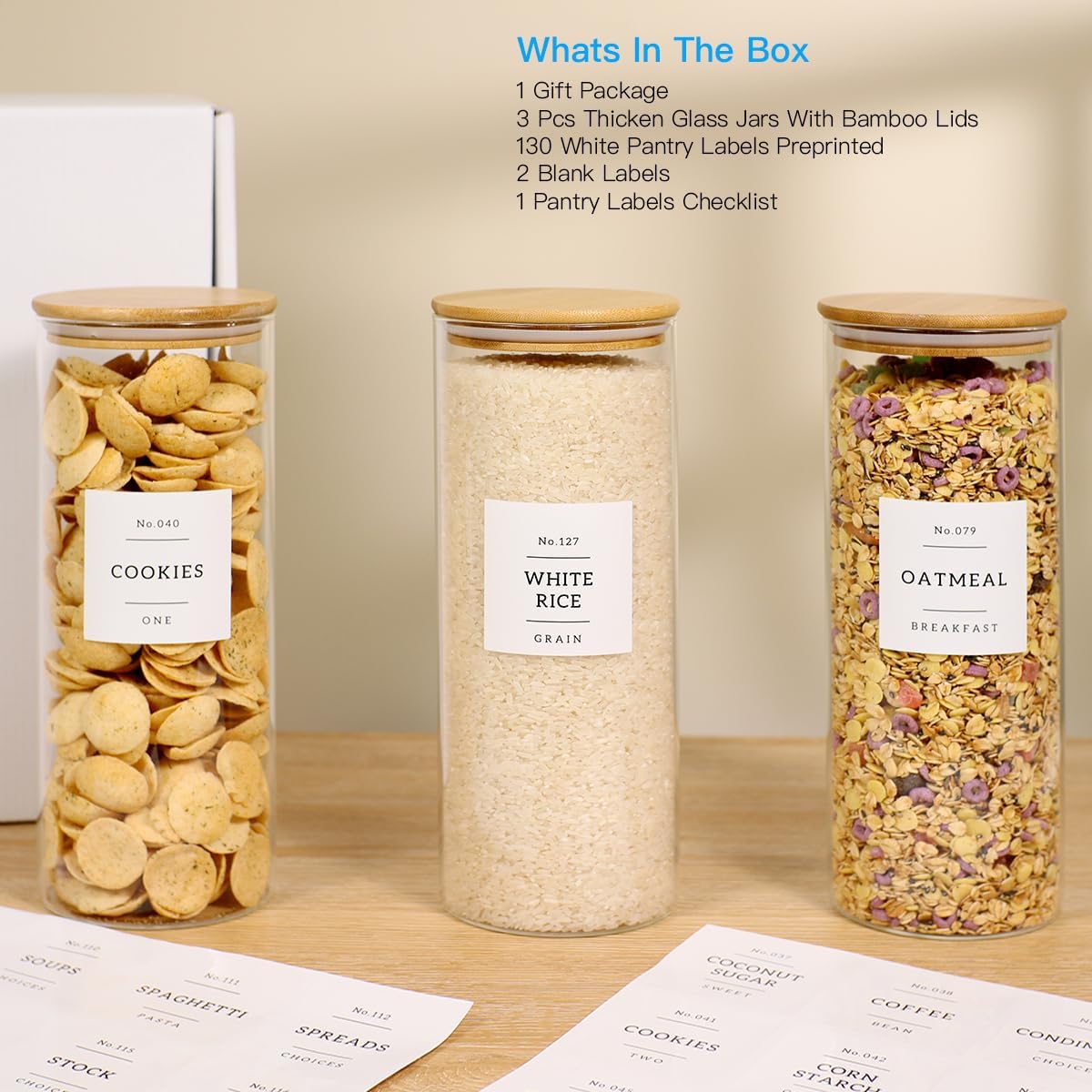 3 Pack Glass Jar with Airtight Bamboo Lid and White 132 Kichen Pantry Labels Preprinted - 56 Oz Clear Tall Glass Food Storage Containers set For Pasta Flour Cookie Rice
