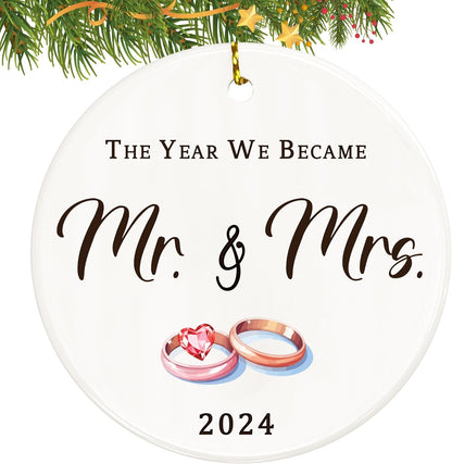 Wedding Gifts for Couples 2024, Mr and Mrs 1st Married Christmas Ornament, Bridal Shower Gift for Bride, Newlyweds (Ceramic)