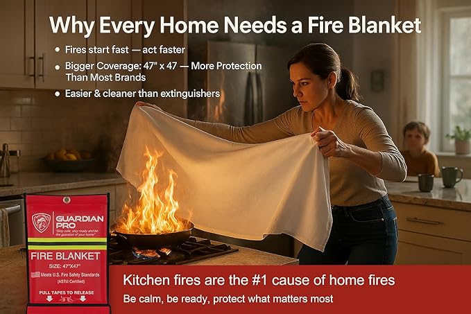 Emergency Fire Blanket for Home and Kitchen - 47"x47" - Must Have Fire Protection - Fire Suppression Fiberglass Fire Blankets for House Camping Car Office Emergency Survival Safety (2 Pack)