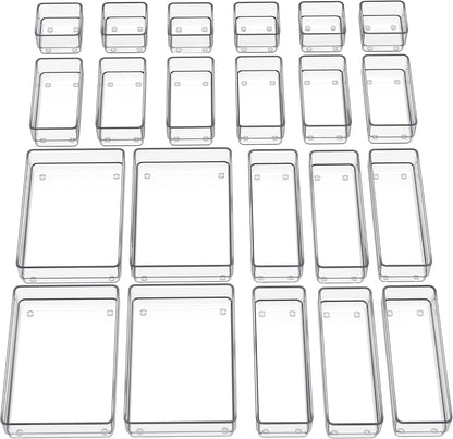 SMARTAKE 22-Piece Drawer Organizer with Non-Slip Silicone Pads, 4-Size Clear Desk Drawer Organizer Trays Storage Tray for Makeup, Jewelries, Utensils in Bedroom Dresser, Office and Kitchen, Clear