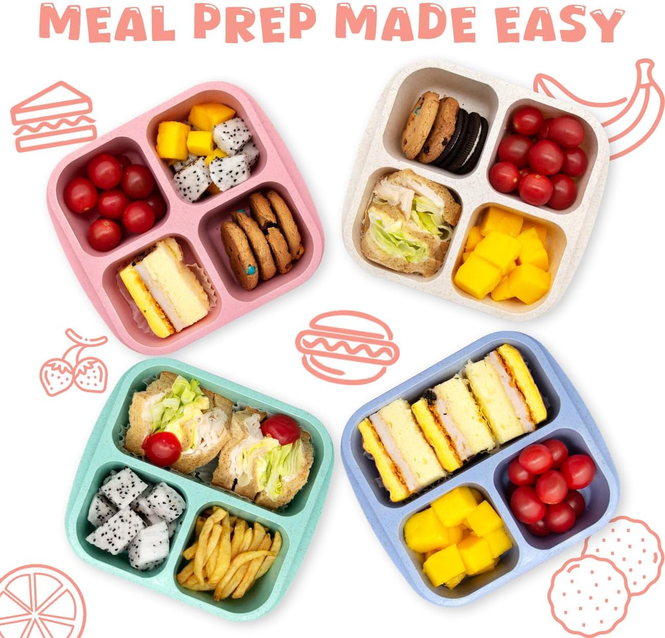 4 pack Bento Lunch Box, Snack Containers，Meal Prep Containers Kids/Toddle/Adults,Food Storage Containers for School, Work and Travel (4 and 3 Compartment Multicolor)