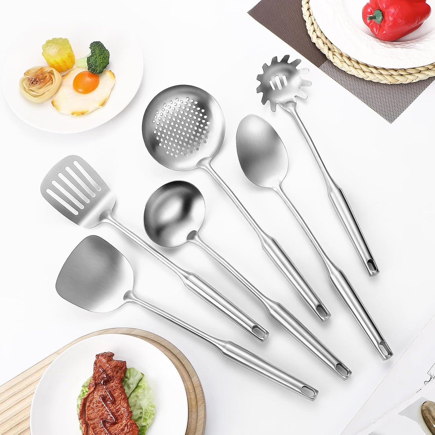 304 Stainless Steel Cooking Utensil,Kitchen Kitchen Utensil with Spatula, Solid Spoon, Ladle, Skimmer, Spaghetti Spoon, 6 Piece Set, Dishwasher Safe