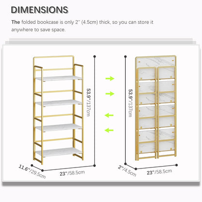 4NM No Assembly Foldable Bookshelf, 4-Shelf Collapsible Bookcase Storage for Small Spaces, 54" H, White and Golden