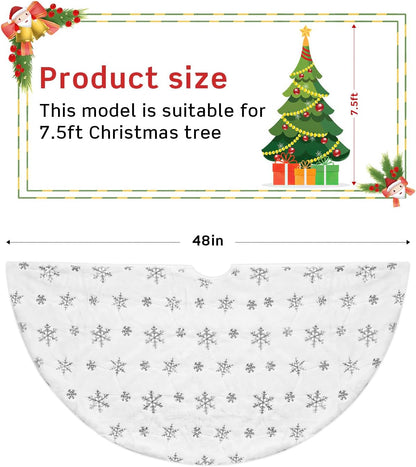 COOLWUFAN 48 Inches Christmas Tree Skirt for Xmas Tree Holiday Party Decorations White Plush Silver Sequin Snowflake (Silver)