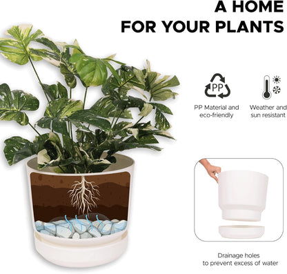 Elly Décor 12 inch Plastic Cylinder Planter Pot with Self-Watering Saucer and Drainage Hole,Lightweight & Extremely Durable, 12"x 12", White