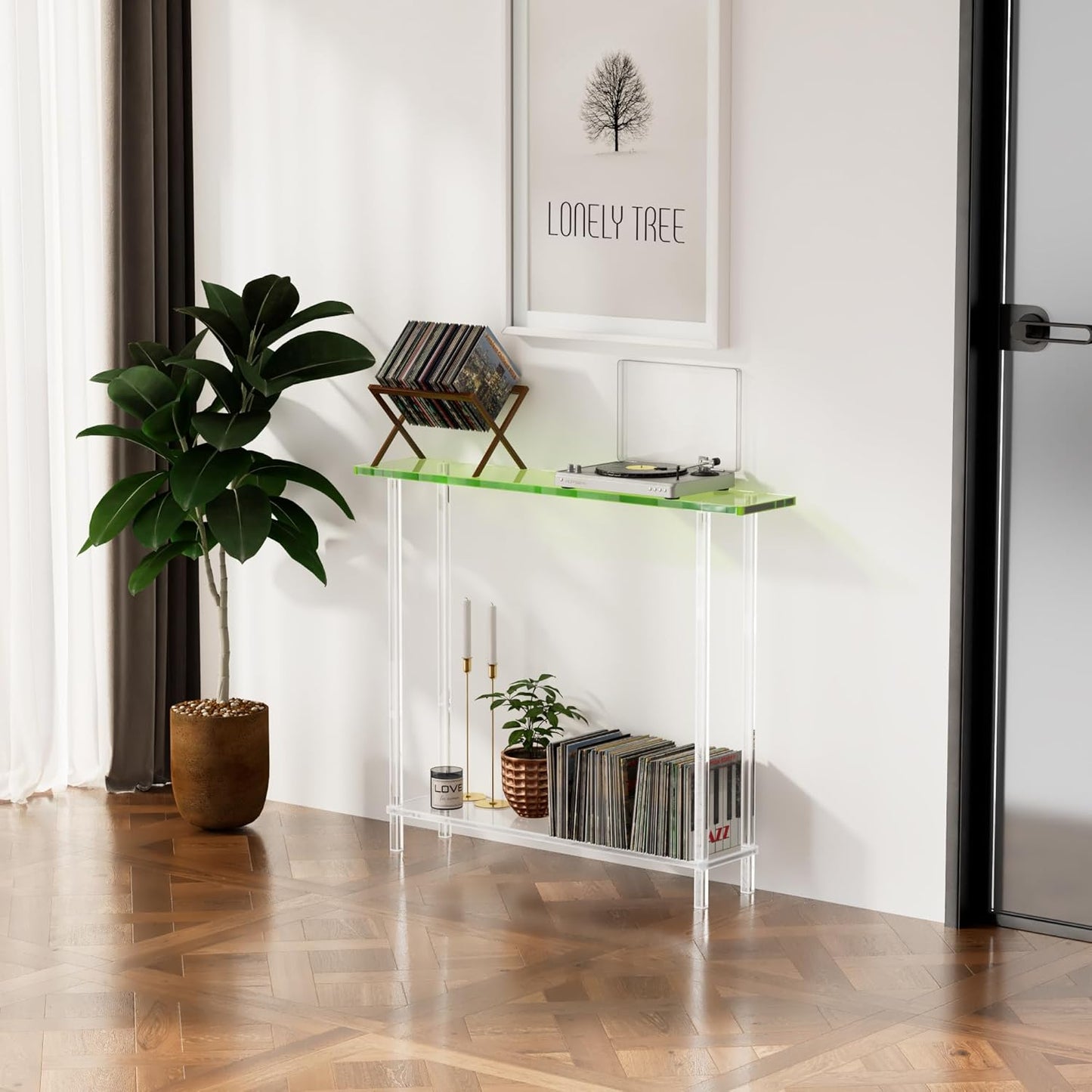 Sleek Modern 2-Tier Acrylic Console Table, 39.4" L x 7.6" W x 31.5" H - Entryway Table for Hallway, Living Room, Sofa Side, Small Spaces (Green)