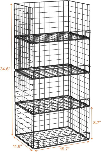 4-Tier Stackable Closet Organizers and Storage Shelves, Clothes Shelf Organizer Basket Bins, Foldable Sweater Storage for Closet Organizer System, Black (Patent Pending)