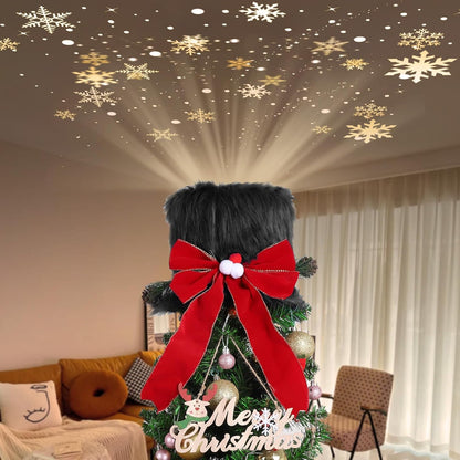 Christmas Tree Topper Hat with 3D LED Rotating Snowflake Projector, Black Plush Tree Toppers Red Bow Decorations for Christmas Tree Holiday Winter Party Home Indoor Decorations