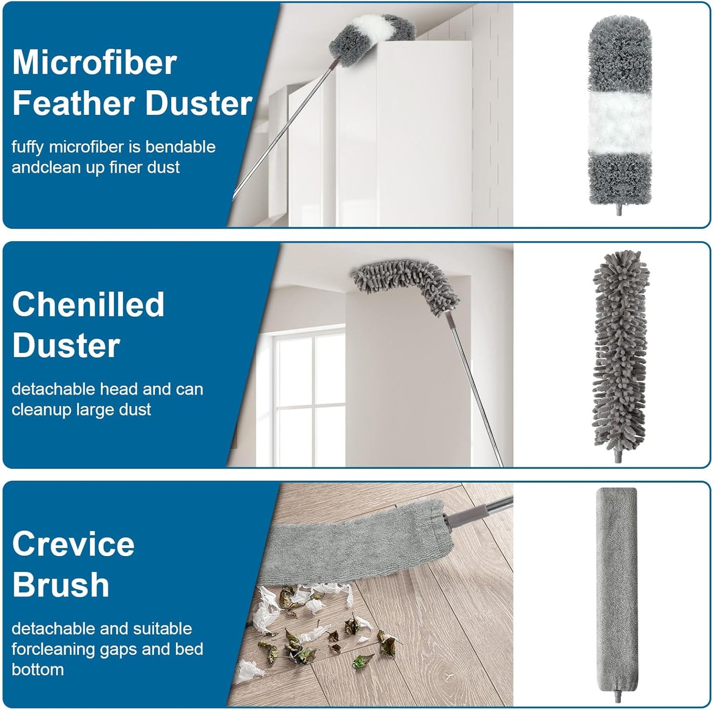 Microfiber Duster, 4PCS with Extension Pole(Stainless Steel) 30 to 100 Inches, Reusable Bendable Dusters, Washable Lightweight Dusters for Cleaning Ceiling Fan, High Ceiling, Blinds, Furniture, Cars