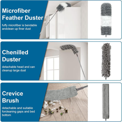 Microfiber Duster, 4PCS with Extension Pole(Stainless Steel) 30 to 100 Inches, Reusable Bendable Dusters, Washable Lightweight Dusters for Cleaning Ceiling Fan, High Ceiling, Blinds, Furniture, Cars