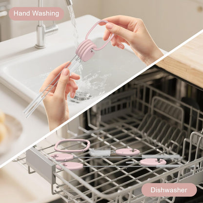 YOTIME Standing Straw Cleaner Brush Set, 4in1 Reusable Straw Brushes with Holder Ring, for Wide and Narrow Straws, Tumblers, Water Bottles and Cups, Pink