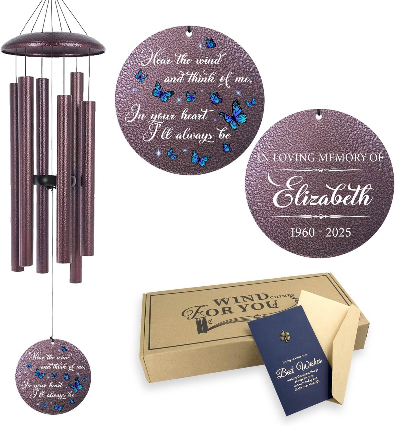 ASTARIN Memorial Butterfly Deep Tone Wind Chimes Personalized, Sympathy Remembrance Gifts for Loss of Mom Dad, Bereavement Gifts for Condolence Funeral, Garden Decoration