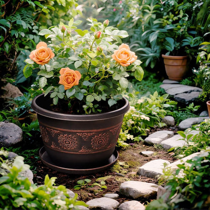 4 Pack 12 inch Plant Pots, Retro Pattern Planters with Drainage Holes and Saucer, Sturdy Plastic Garden Flower Pots for Indoor & Outdoor Plants