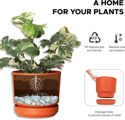Elly Décor 10 inch Plastic Cylinder Planter Pot with Self-Watering Saucer and Drainage Hole,Lightweight & Extremely Durable, 10"x 10", Terracotta