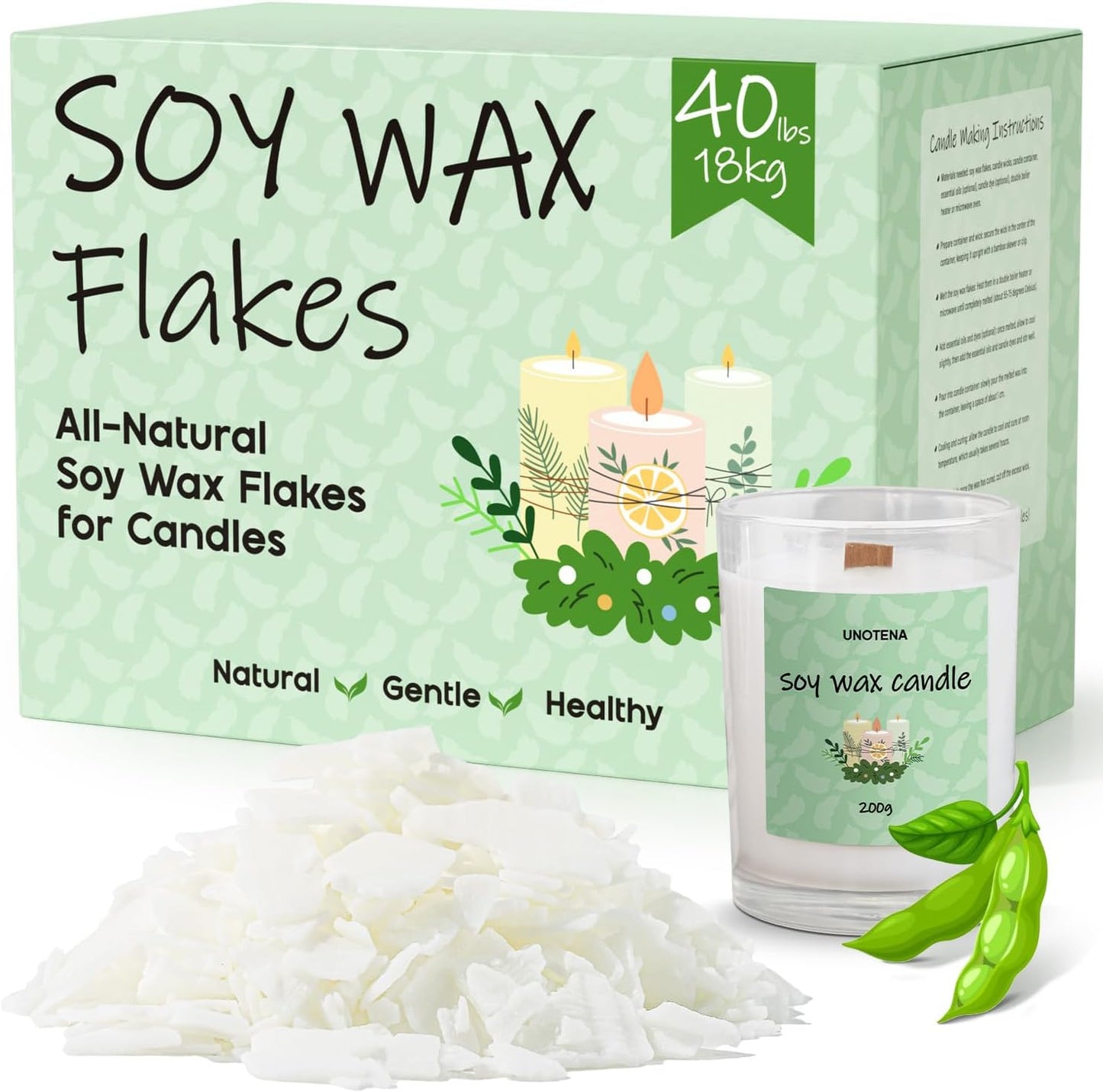 UNOTENA Soy Wax Flakes for Candle Making, Natural Candle Wax, Farm-Sourced, No Additives, Safe and Pure, 40LB