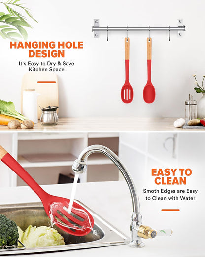 Silicone Cooking Spoons, Great for Scooping Sides and Serving Hearty Stews, BPA-Free Matte Silicone, Wooden Handle Serving Spoon for Nonstick Cooking Surfaces (Red)