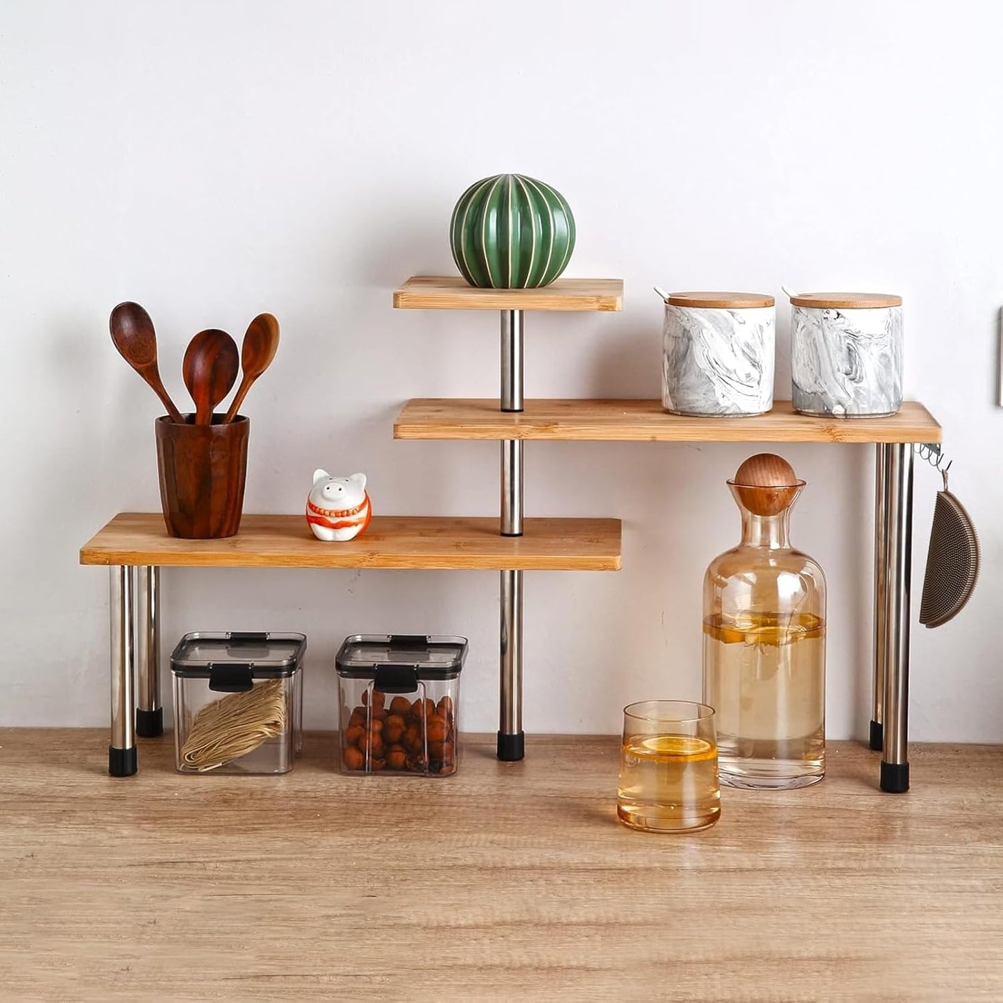 HYNAWIN Corner Shelf Bamboo & Metal Storage Spice Rack, 3 Tier Desk Bookshelf Display Shelves Space Saving Organizer, Adjustable Rack for Kitchen, Bed Room, Office-Best Home Décor (Upgraded Shelf)