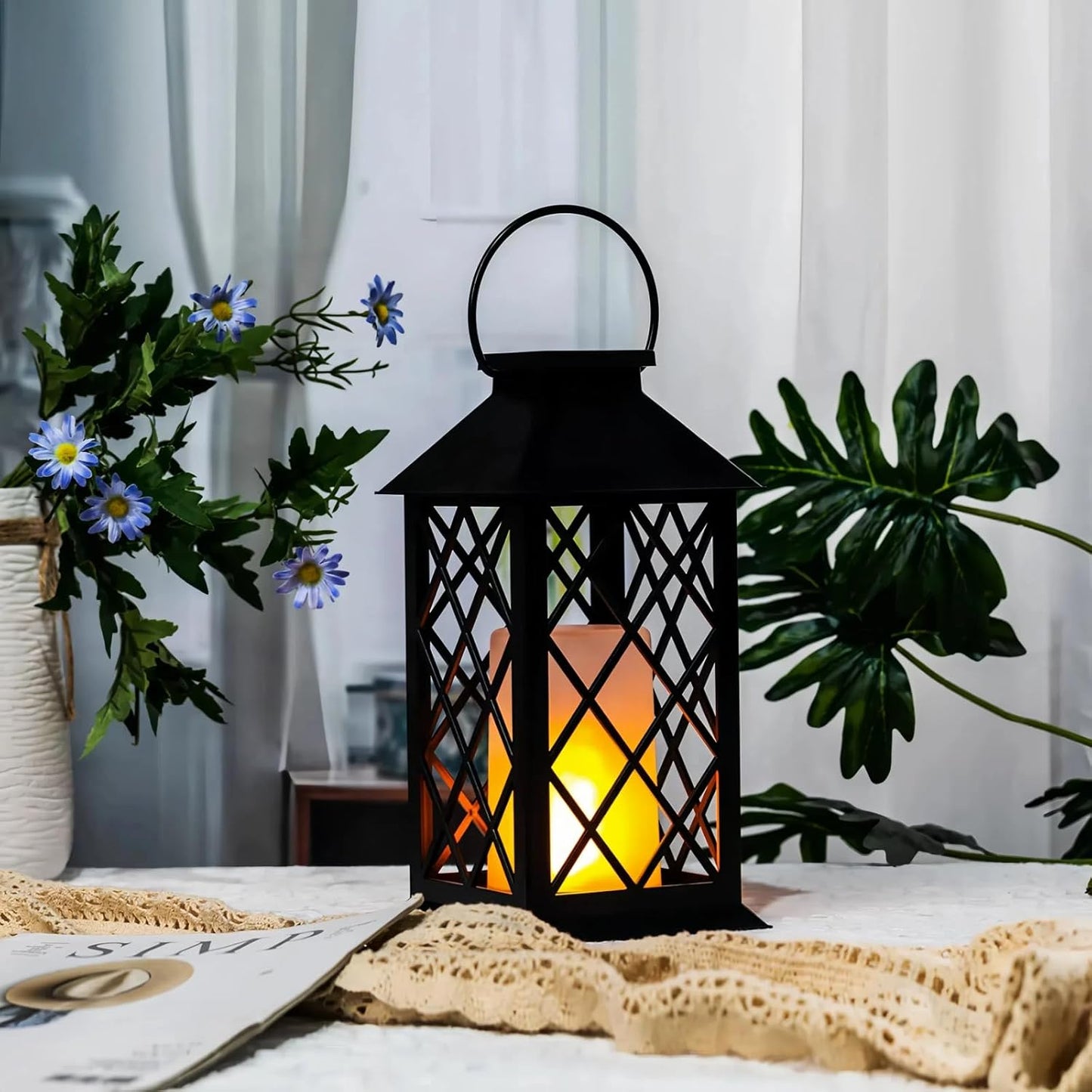 Simplelight 11 Inch Decorative Lanterns-IP44 Waterproof Outdoor Hanging Lantern, Battery Operated Decorative Lantern for Patio, Table, Fireplace with Timer, Black Color (1)