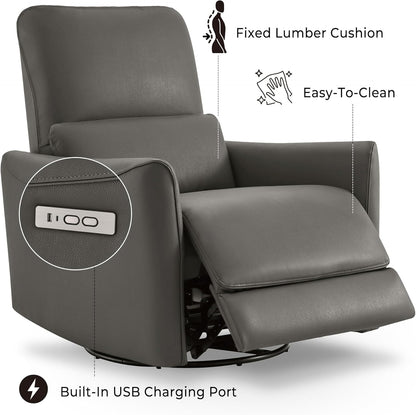 CHITA Power Recliner Chair Swivel Glider, FSC Certified Upholstered Faux Leather Living Room Nursery Reclining Sofa Chair with Lumbar Support, Charcoal