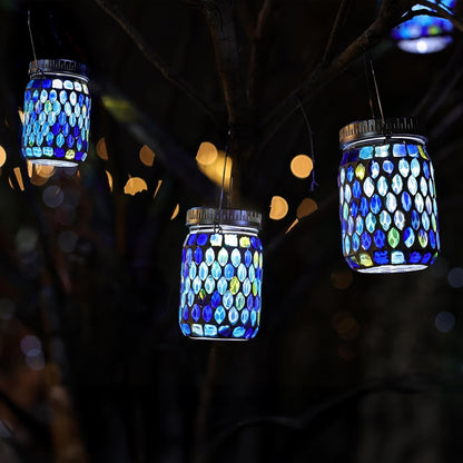 Cooo 4 Pack Mosaic Lanterns Outdoor Waterproof with 215% Larger Solar Panel, Never Rust Lids, True Capacity Battery- Solar Mason Mosaics Jar Lantern for Patio Garden Yard Balcony Hanging or Table