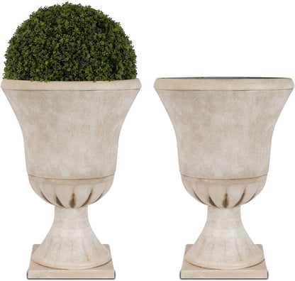 Worth Garden Plastic Urn Planters for Outdoor Plants, Tree 22'' Tall 2 Pack Round Classic Resin Flower Pots Indoor Beige Traditional Front Porch 15 in Dia. Large Imitation Stone Decorative Patio Deck