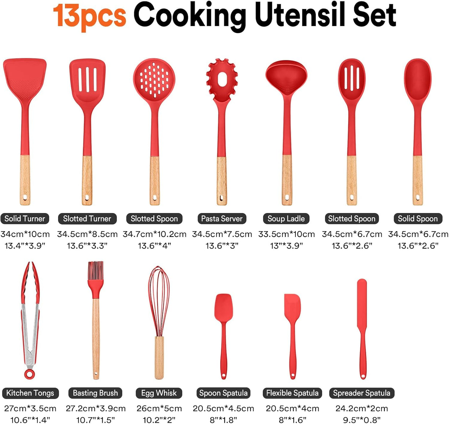 Kitchen Utensils Set, 13PCS Silicone Cooking Utensils, Heat Resistant Kitchen Utensil Spatula Set for Nonstick Cookware, Wooden Handles Kitchen Gadgets Tools Set (RED)