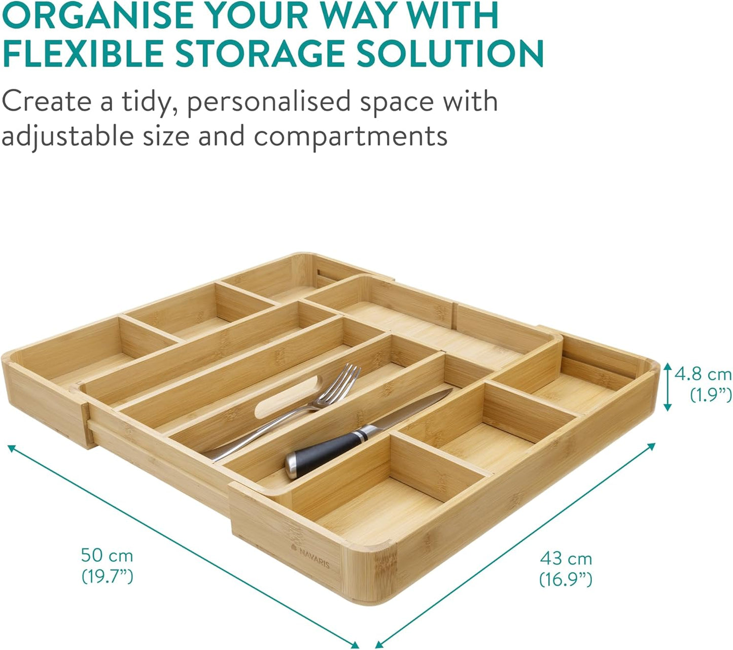 Navaris Bamboo Kitchen Drawer Organiser - Cutlery Tray with Removable Divider for Customisable Drawers Storage - Expandable Trays for Utensils, Tools, Makeup, Stationery, 30 x 43cm