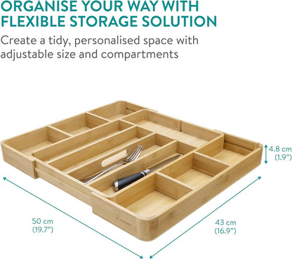 Navaris Bamboo Kitchen Drawer Organiser - Cutlery Tray with Removable Divider for Customisable Drawers Storage - Expandable Trays for Utensils, Tools, Makeup, Stationery, 30 x 43cm