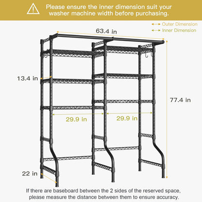 Ulif U13 Over Washer and Dryer Storage Shelves, 6 Tiers Laundry Room Standing Shelf with 2 Hanger Rods, Space Saver Clothes Drying Rack, 63.4" W x 22" D x 77.4" H, Black