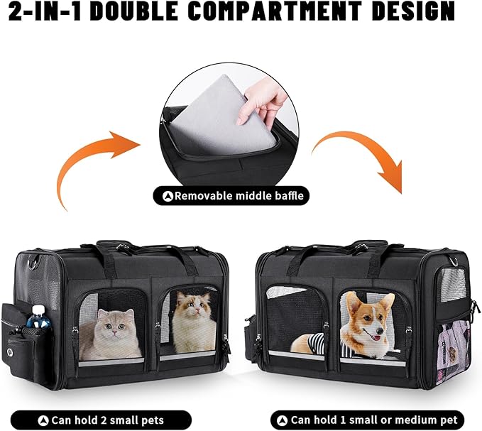 Cat Carrier for 2 Cats, Foldable Double Cat and Dog Carrier, Small to Medium Size, 2 Front Zippered Compartments,Two Pets Carrier for Outdoor Travel,Mulitple Cat Carrier (Black)