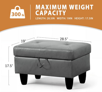 Ottoman Rectangular Storage Ottoman Bench, Faux Leather Footrest, Coffee Table, Stool Footstool with Hinged Lid for Living Room, Bedroom, Entryway, Gray, 28.5"x19"x17.5"