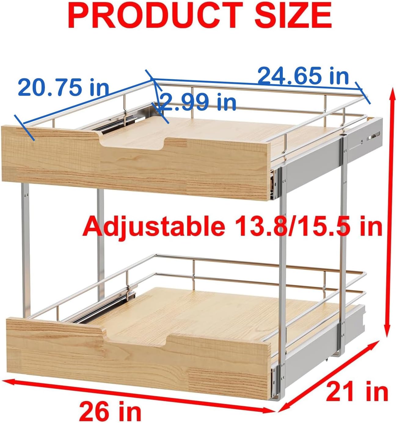 Pull Out Cabinet Organizer,Heavy-Duty Slide Out Shelf, Wood and Wire Basket, Pull Out Drawer for for Kitchen Under Sink Space, Pantry, Bathroom, 2 Tie 26 * 21 in
