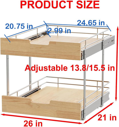 Pull Out Cabinet Organizer,Heavy-Duty Slide Out Shelf, Wood and Wire Basket, Pull Out Drawer for for Kitchen Under Sink Space, Pantry, Bathroom, 2 Tie 26 * 21 in