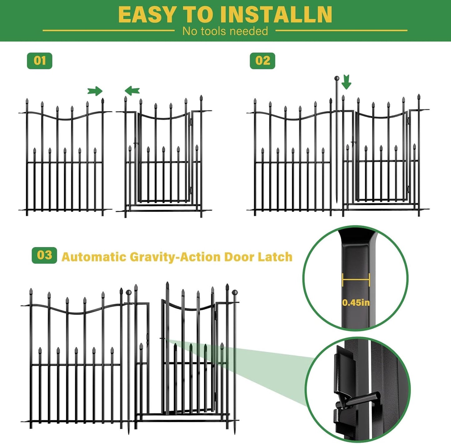 5 Panels No Dig Decorative Garden Fence with Gate, 24in(H) × 11ft(L) Heavy-Duty Rustproof Metal Panels, Outdoor Dog Barrier for Yard & Patio, Landscape, Border| Portable Temporary Fencing