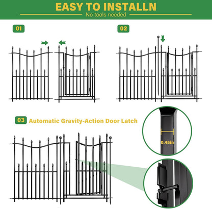 5 Panels No Dig Decorative Garden Fence with Gate, 24in(H) × 11ft(L) Heavy-Duty Rustproof Metal Panels, Outdoor Dog Barrier for Yard & Patio, Landscape, Border| Portable Temporary Fencing