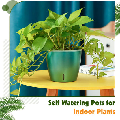 Self Watering Pots for Indoor Plants, 4-Pack 6.7'' Self Watering Planter with Drainage Holes, Small African Violet Pots with Water Indicator, Clear Wick Orchid Pot, Blue Gold