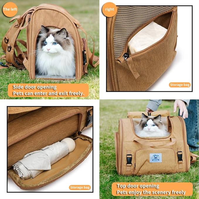 Pet Backpack Carrier for Small Dogs Medium,Large Cats, Puppies,Breathable and Collapsible Design, Portable Travel Bag for Bearded Dragon,Rabbit Cage (Brown +Two-Shoulder, Large)