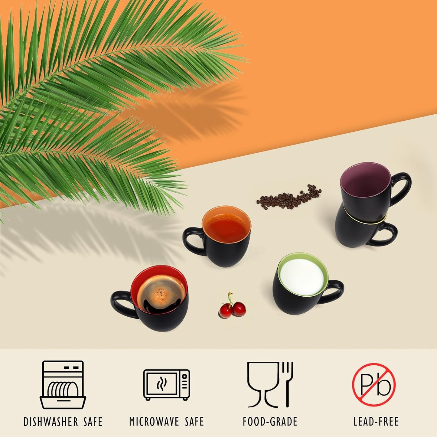 16 OZ Stoneware Coffee Mug Set of 6, Black Ceramic Mug with Different Color Inside, Colorful Porcelain Mug with Handle for Latte Espresso Cappuccino