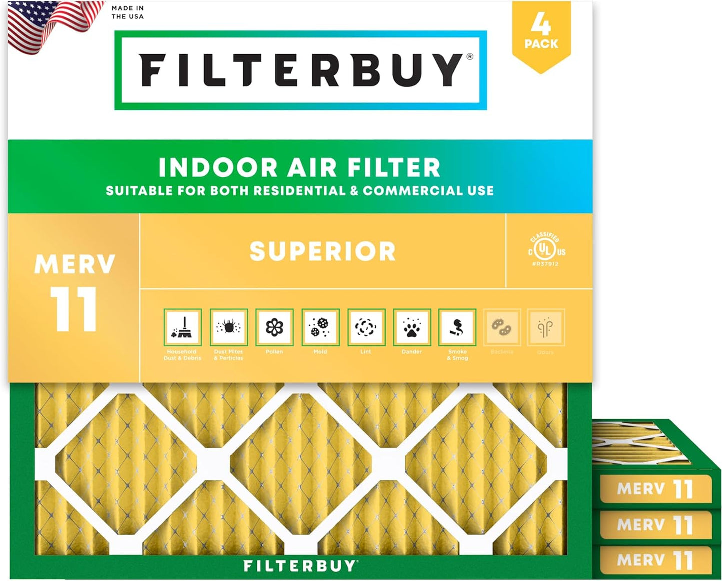 Filterbuy 22x22x1 Air Filter MERV 11 (MPR 1200) Allergen Defense Replacement (4-Pack), Electrostatic Pleated HVAC AC Furnace Filters, Made in USA (Actual Size: 21.50 x 21.50 x 0.75)