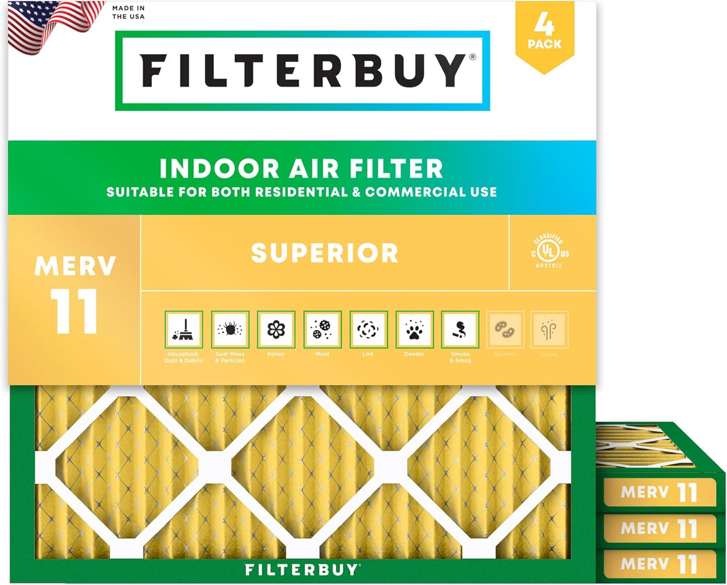 Filterbuy 17x17x1 Air Filter MERV 11 (MPR 1200) Allergen Defense Replacement (4-Pack), Electrostatic Pleated HVAC AC Furnace Filters, Made in USA (Actual Size: 17.00 x 17.00 x 0.75)