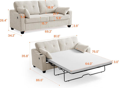 Pull Out Sofa Bed, Full Size Sleeper Sofa, 2-in-1 Convertible Corduroy Couch with USB Charging, Memory Form Couch for Living Room, Apartment and Small Space (Corduroy Beige, Queen Size)