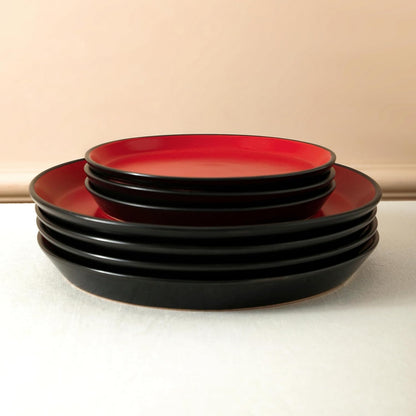 Stone Lain Albie Stoneware 16 Piece Dinnerware Set, Plates and Bowls Sets, Dish Set for 4, Red and Black, Microwave & Dishwasher Safe