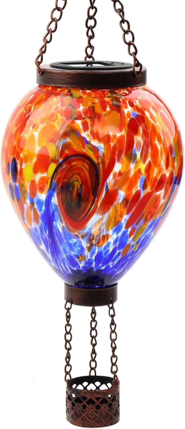 VOREEN Solar Hot Air Balloon Light – Hand Blown Colorful Glass Outdoor Hanging Lantern, Waterproof Decorative Garden Lighting, Gift for Mom Wife Friend Backyard Patio Decor